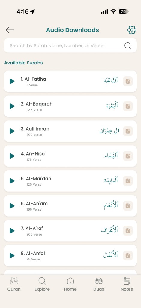 Audio downloads screen showing downloaded surahs available offline