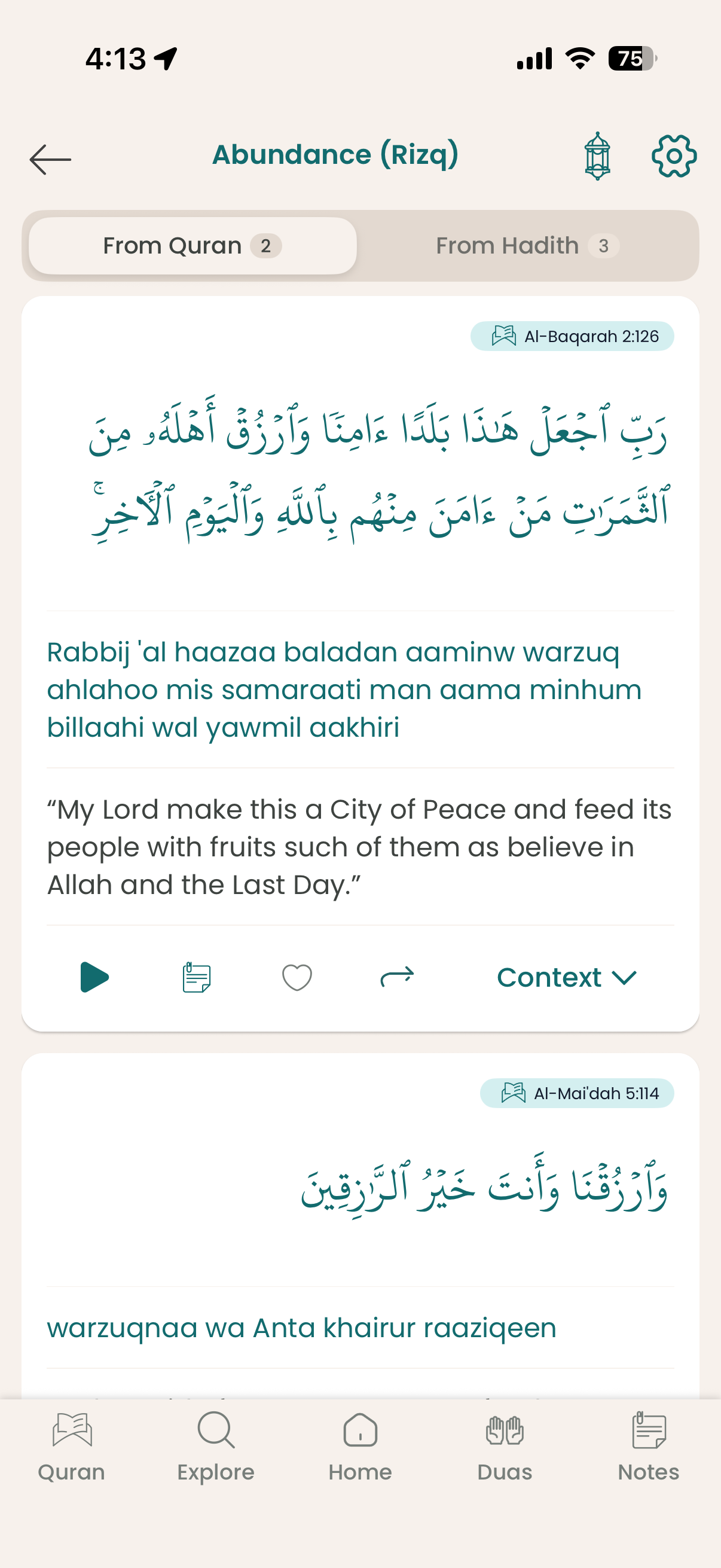 Deen app showing dua from Quran with Arabic text, transliteration, context and hadith source
