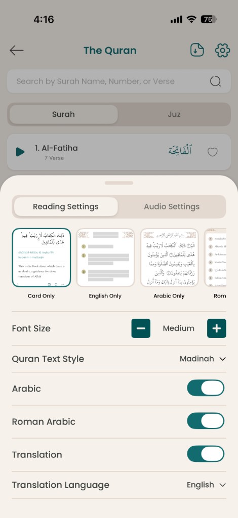 Quran reading settings showing font size, script options, and display mode toggles