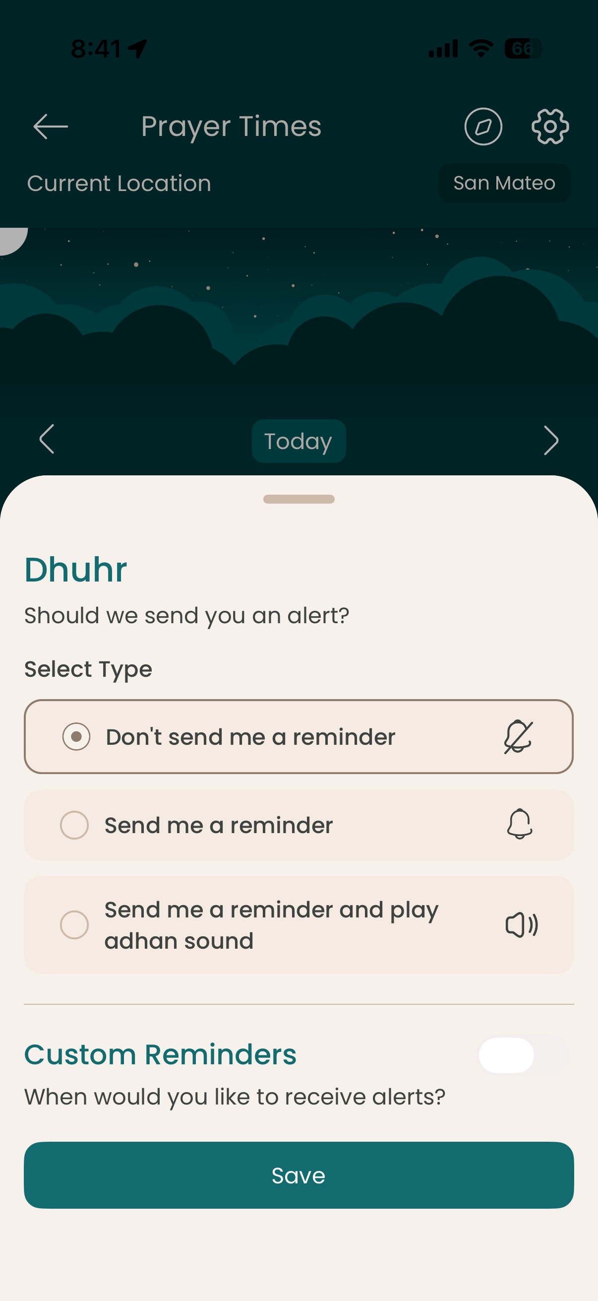 Deen reminder settings showing per-prayer azan alerts and custom notification options