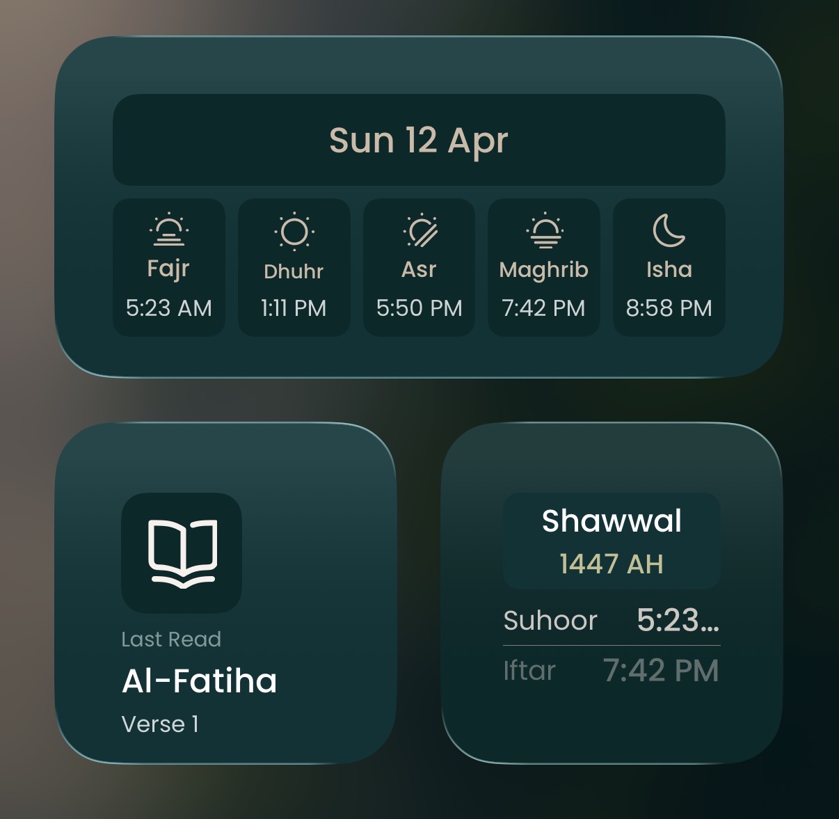 Deen iOS widgets showing prayer times, last read Quran position, and Islamic calendar